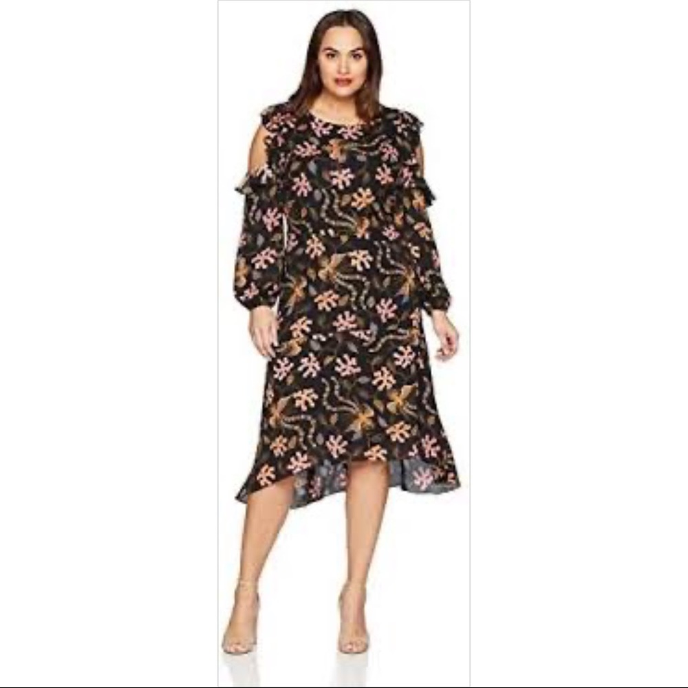 NWT RACHEL Rachel Roy Women's Cold Shoulder Printed Ruffle Sleeve Midi size 10